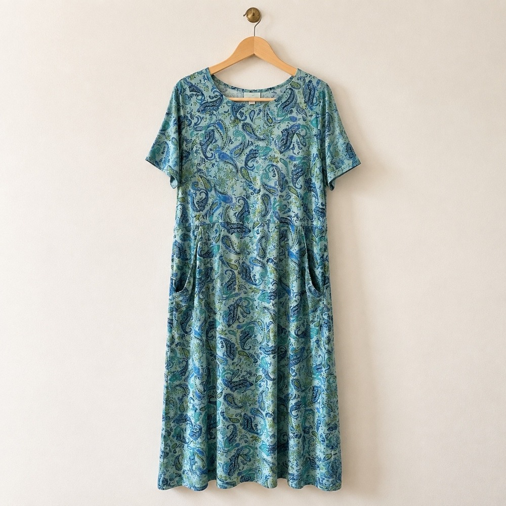 J. Jill Women's XL Blue Green Paisley Pima Cotton Maxi Dress Pockets